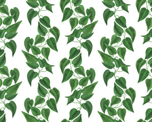 Watercolor painting seamless pattern with tropical plants.  Green leaves wallpaper on white background