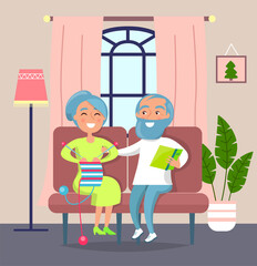 Cute aged married couple sitting on brown sofa. Old woman knits, old man reads her book. People aged laugh. Lush pot plant. High floor lamp. Window with pink curtains, pastel walls. Stay home