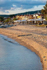 Beach on the Aegean sea coast of Greece in Skala Fourkas