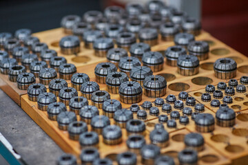 Shiny steel parts . Regular industrial metal production pattern.