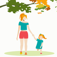 The mom and girl are walking and smiling