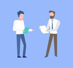 Partners with documents vector, businessmen on meeting discussing ideas and problems concerning business project, isolated characters with paper notes