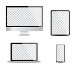 Realistic set computer, laptop, tablet, phone on a white background. Device screens with transparent background. Vector.