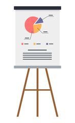 Vector icon of wooden flipchart with diagram or pie chart, graphs, data, chart, infographics. Business presentation at board. Report screen with statistics, business strategies, financial plan - obrazy, fototapety, plakaty