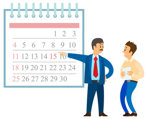 Angry boss pointing at calendar. Mad chief executive and scared employee with document. Breaking deadline situation, time management concept vector illustration