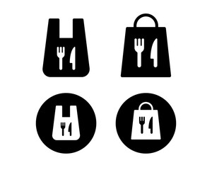 お持ち帰り・テイクアウトアイコンのセット／袋／紙袋／デリバリー／イラスト／レストラン／食事