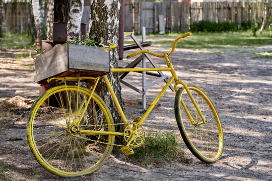 Outdoor landscaping images, use of old nostalgic bicycles as flower bed.
