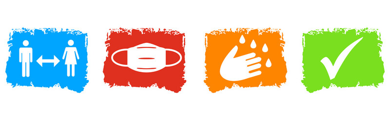 Bunter Coronavirus Banner mit 4 Buttons:Abstand halten, Maske tragen, Hände waschen und Häkchen