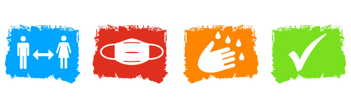 Bunter Coronavirus Banner mit 4 Buttons:Abstand halten, Maske tragen, Hände waschen und Häkchen