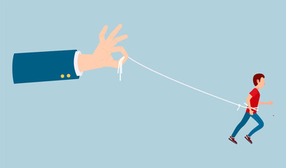 Fototapeta premium Human hand holds a running man on a rope vector illustration. A man is bundled with huge hands. Freedom restriction, customer retention concept. Business manipulation, desire not to let go people