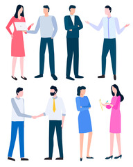 Fototapeta premium Cartoon style man and woman discussing business issues, successful managers leading conversations. Vector people arguing how to write business plan