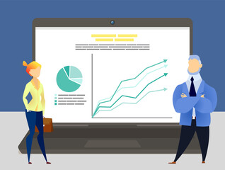 Colleagues communicate on the computer screen. Conference video call, working with technologies from home. Man and woman discussing business plan and graphic. Laptop on the table vector illustration