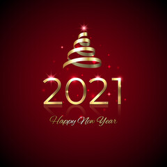 New Year 2021. Shiny golden 2021 with ribbon on red background. New Year design for invitation, greeting card, calendar. Party event decoration. Shiny gold logo. Holiday greeting card, vector
