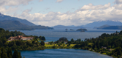 Fototapeta premium panoramic view of circuit chico in san carlos de bariloche, with lake nahuel huapi and lake moreno in sight
