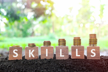 Increasing stack of coins with word skills on wooden blocks at sunrise. Invest on business skill...