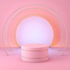 Pastel pink pedestal with gold arches, product display concept, 3d illustration