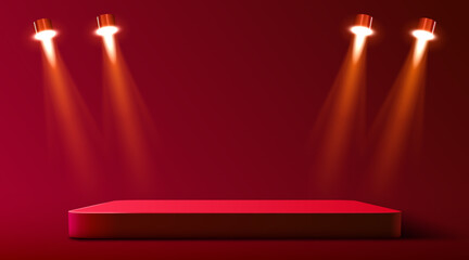 Abstract round podium illuminated with spotlight. Award ceremony concept. Stage backdrop.