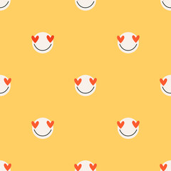 Yellow Love faces a seamless vector pattern. Happy smiling circles with heart-shaped eyes. I love conceptual illustration. Valentine's day pattern design. Trendy hand-drawn repeatable texture.