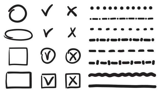 Hand drawn black signs and symbols on white. Outlined elements. Sketchy doodles