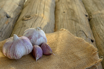 Garlic on sackcloth and an old blackboard. Close up.