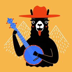 Vector illustration with llama in red hat playing blue banjo. White doodle style mountains on background. Funny colored poster with farm animal, trendy music print design