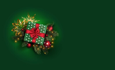 horizontal background,template for Merry Christmas and Happy New Year greeting card.Green gift box with a red banot lying on fir branches decorated with a garland,Christmas balls and golden snowflakes