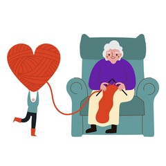 Vector illustration with elderly woman sitting on armchair and knitting scarf or jacket. Man holds ball of thread for her in shape of heart. Print design about support of old people