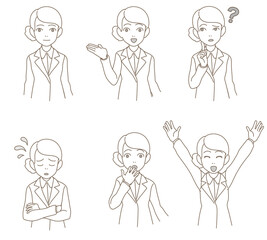 表情や仕草のセット、スーツの女性、A、モノクロ