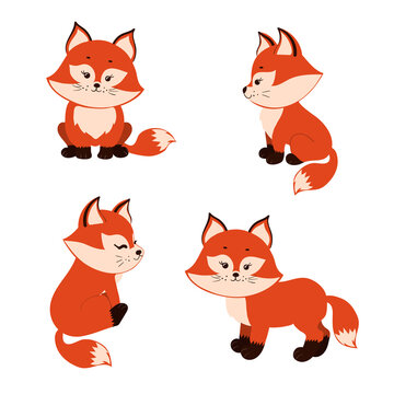Set of cartoon foxes isolated on white background. Vector illustration. 