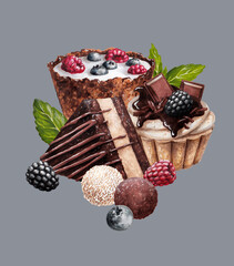 food sketch beautiful delicious pastry desserts with berries cream and chocolate marker drawing collage 4 gray background