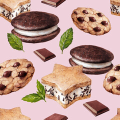 food sketch beautiful delicious pastry desserts with berries cream and chocolate marker drawing pattern 3 pink background