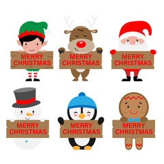 set of christmas characters holding merry christmas poster. Isolated vector