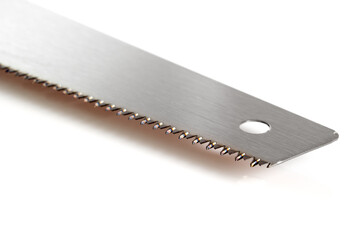 Blade of Cross cut hand saw with red plastic handle. Isolated on a white background.