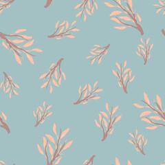 Botanic abstract seamless doodle pattern with pink branches on blue background.