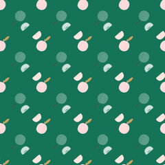 Seamless food pattern with hand drawn simple apple silhouettes. Green background.