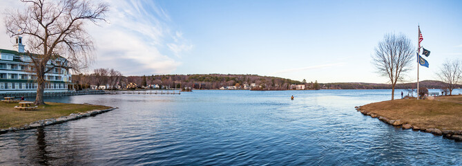 Late afternoon view of Lake Winnipesaukee from Meredith, New Hampshire, on a clear, crisp blue sky Spring afternoon.