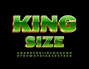 Vector luxury badge King Size with 3D Gold and Green Font. Elite style Alphabet Letters and Numbers set