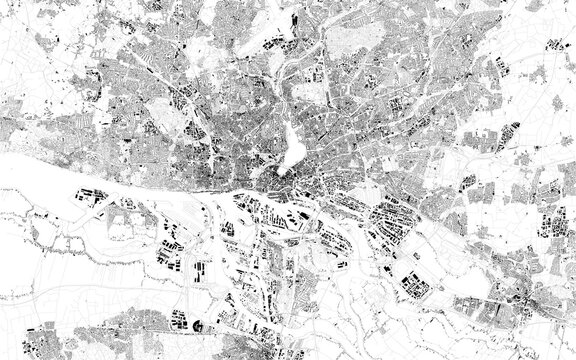 Satellite view of Hamburg, Germany, map. It is the second-largest city in Germany after Berlin and 7th largest city in the European Union. Building and street map. Free and Hanseatic City of Hamburg 
