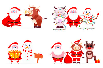 New Year 2021 with the bull, the symbol of the Chinese New Year. Santa Claus together with cute animals celebrate Christmas and New Year.Vector illustration