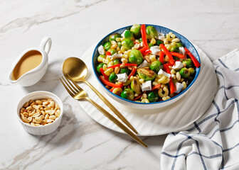 macaroni salad with broccoli sprouts, top view