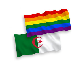 Flags of Rainbow gay pride and Algeria on a white background