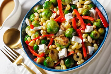 macaroni salad with broccoli sprouts, top view