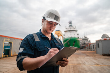 Marine Deck Officer or Chief mate on deck of offshore vessel or ship doing check and filling...