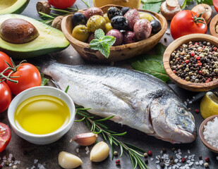 Raw dorado fish with spices and vegetables on the graphite board.