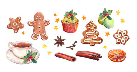 Set of watercolor Christmas food elements - christmas tree ginger cookie, gingerbread man, tea or coffee cup, cupcake, macaroon, cake, winter species - cinnamon, other