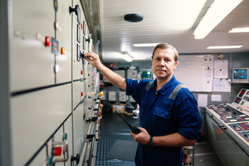 Marine engineer officer controlling vessel engines and propulsion in engine control room ECR. Ship...