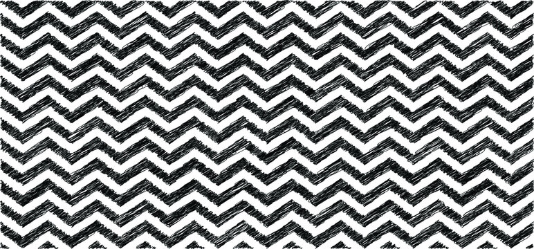 Drawing Chevron zigzag line pattern. Black and white. Memphis style. Flat vector hand draw zig zag sign. Chevrons wave line. Wavy stripes background. Retro pop art 80's 70's years.  