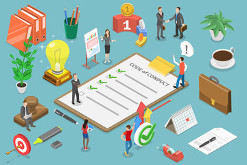 3D Isometric Flat Vector Conceptual Illustration of Code of Conduct, Business Ethics, Statement of Ethical Values.