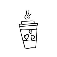 doodle illustration of a takeaway cup with a picture of a heart on a white background.
