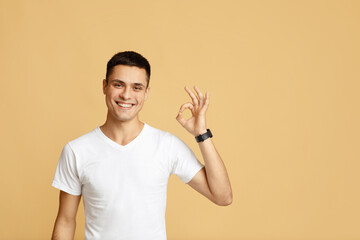 Successful man with gestures celebrating victory. Happy attractive young blogger shows sign okay